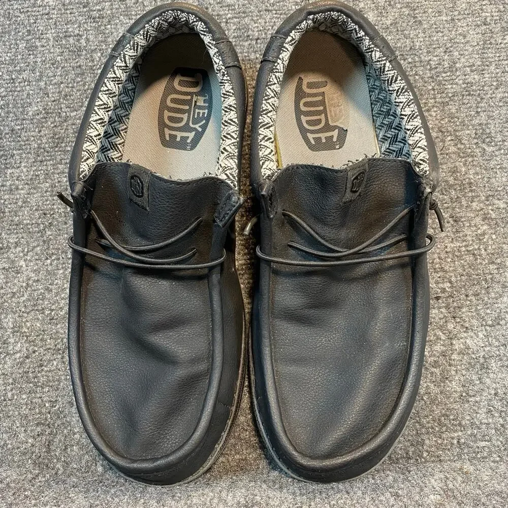 Hey Dude Mens Wally Classic Slip On Shoes Leather Comfort Loafers 11 Black